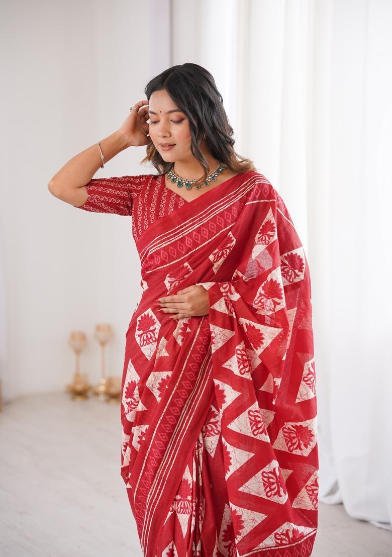 Red Printed Cotton Saree - Indya