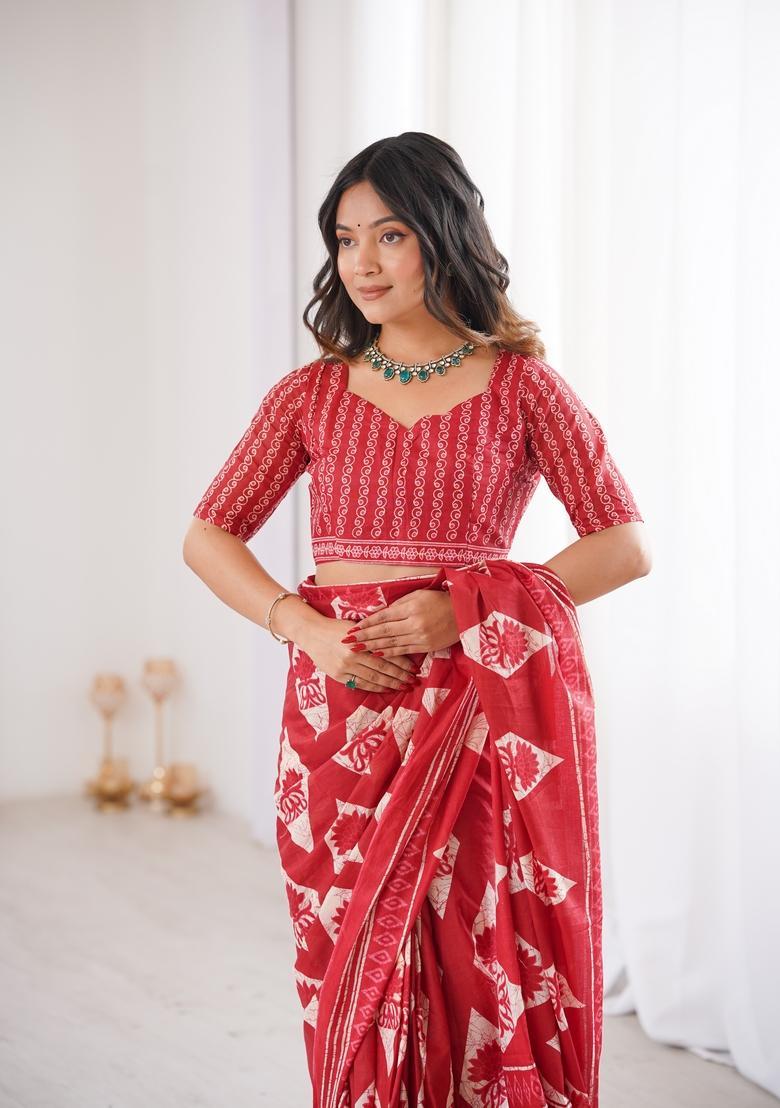Red Printed Cotton Saree - Indya