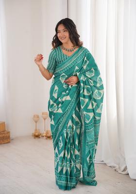 Mint Green Printed Cotton Saree