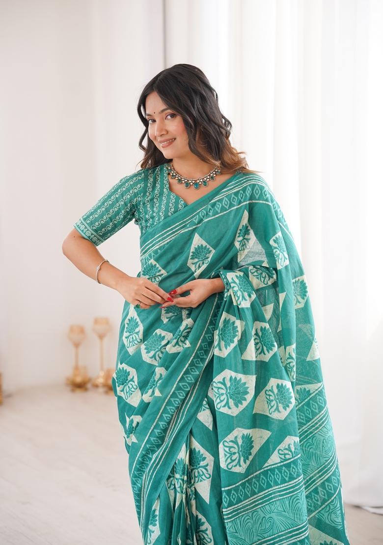 Mint Green Printed Cotton Saree - Indya