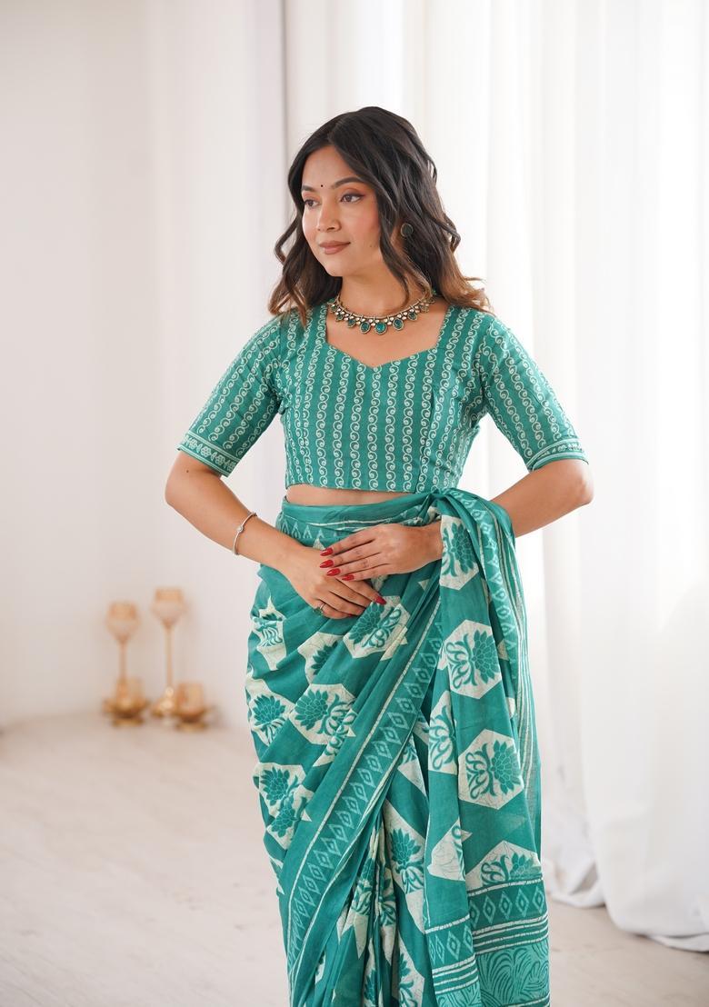 Mint Green Printed Cotton Saree - Indya