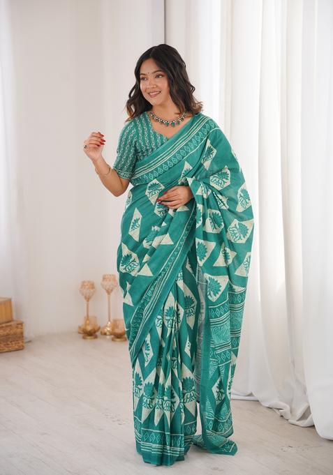 Mint Green Printed Cotton Saree