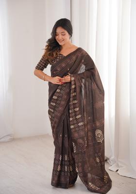 Brown Printed Cotton Saree