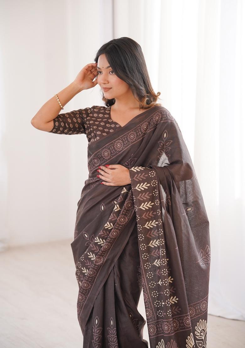 Brown Printed Cotton Saree - Indya