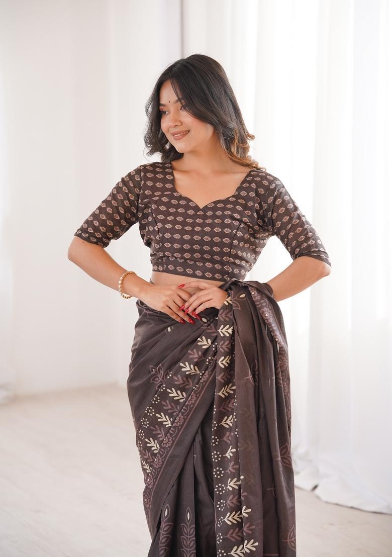 Brown Printed Cotton Saree - Indya
