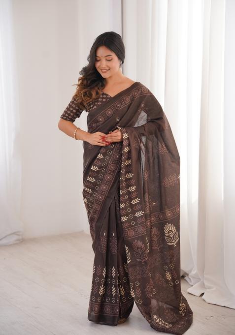 Brown Printed Cotton Saree