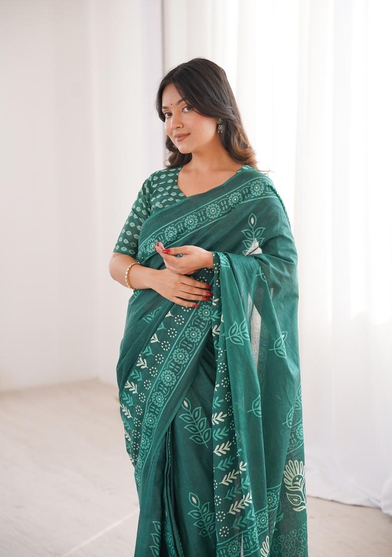Mint Green Printed Cotton Saree - Indya