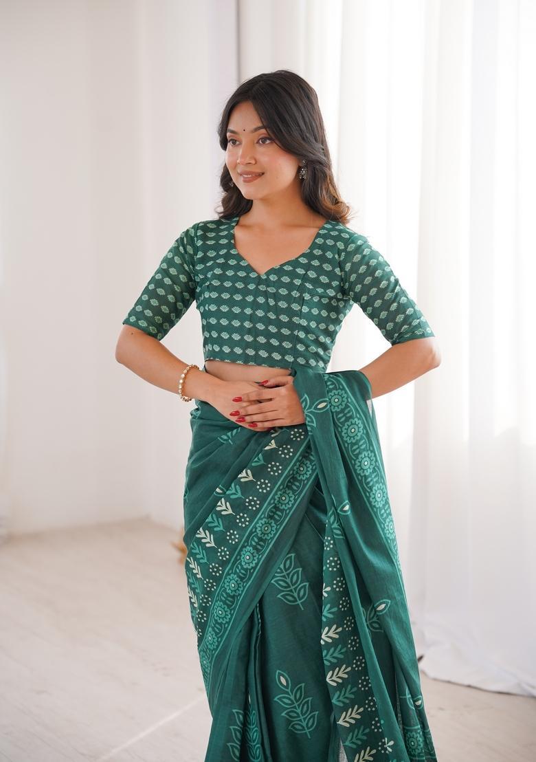 Mint Green Printed Cotton Saree - Indya