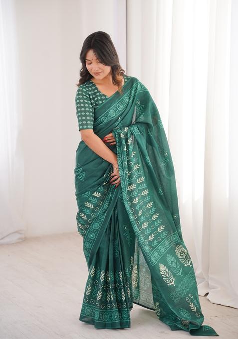 Mint Green Printed Cotton Saree
