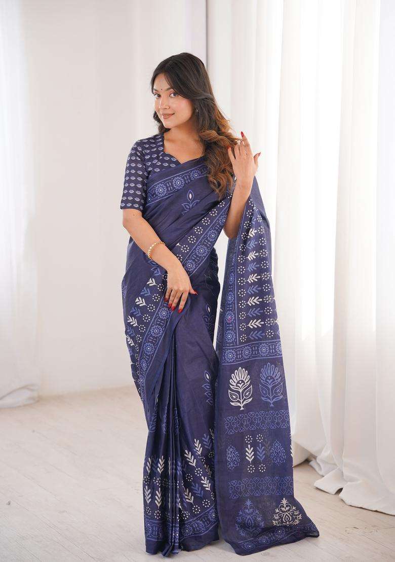 Indigo Blue Printed Cotton Saree - Indya