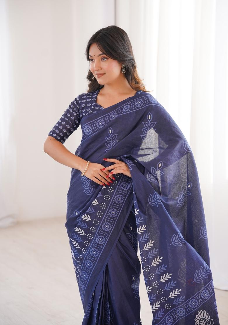 Indigo Blue Printed Cotton Saree - Indya