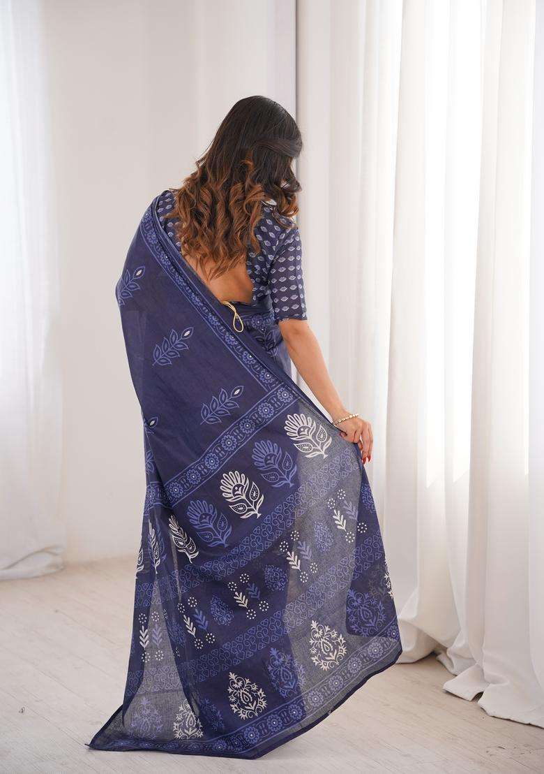 Indigo Blue Printed Cotton Saree - Indya
