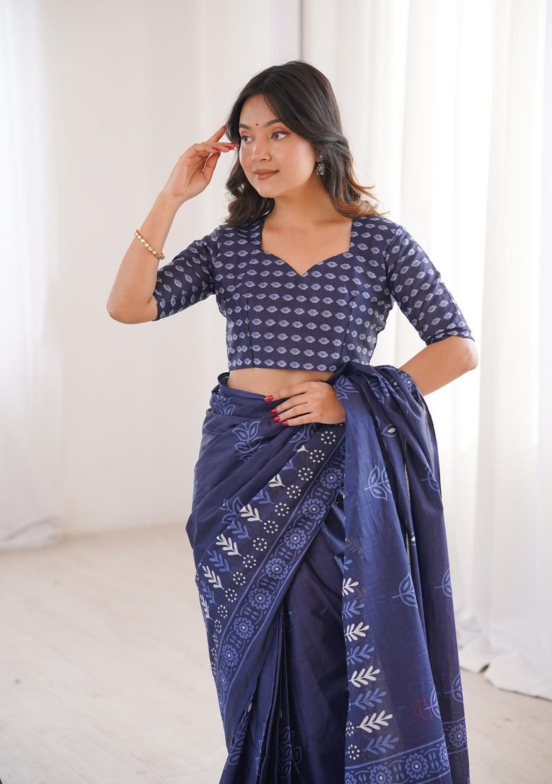 Indigo Blue Printed Cotton Saree - Indya