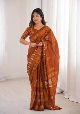 Mustard Printed Cotton Saree