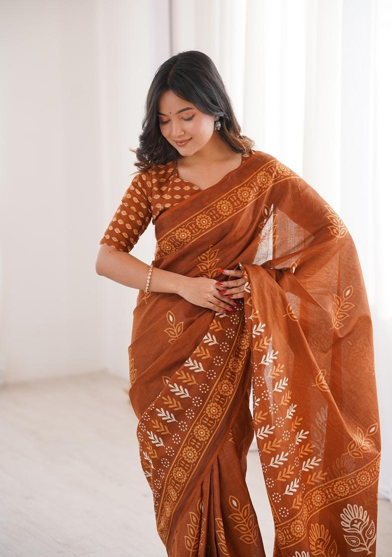 Mustard Printed Cotton Saree - Indya
