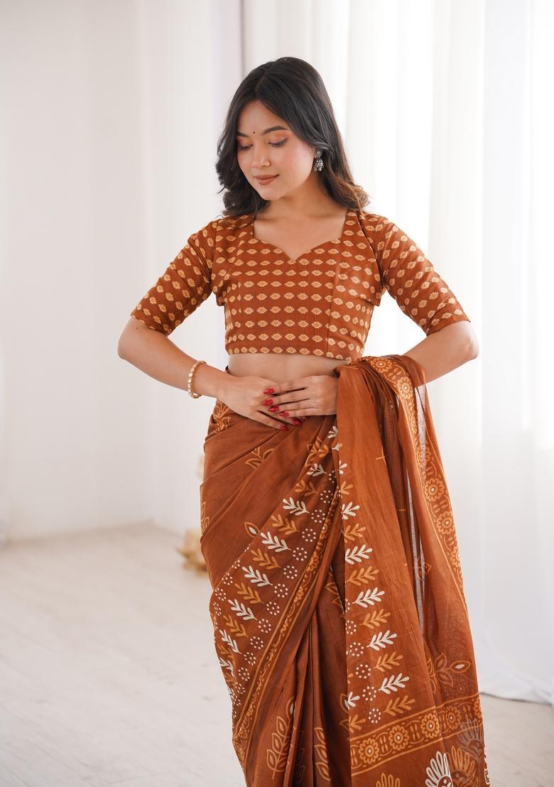 Mustard Printed Cotton Saree - Indya