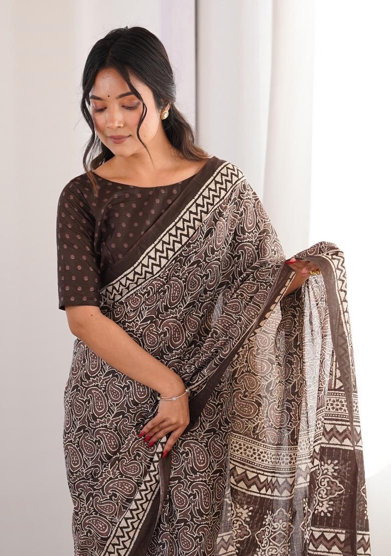 Brown Printed Cotton Saree - Indya