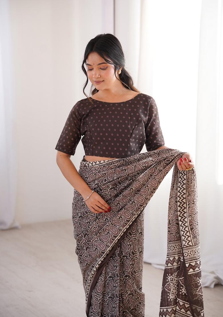 Brown Printed Cotton Saree - Indya
