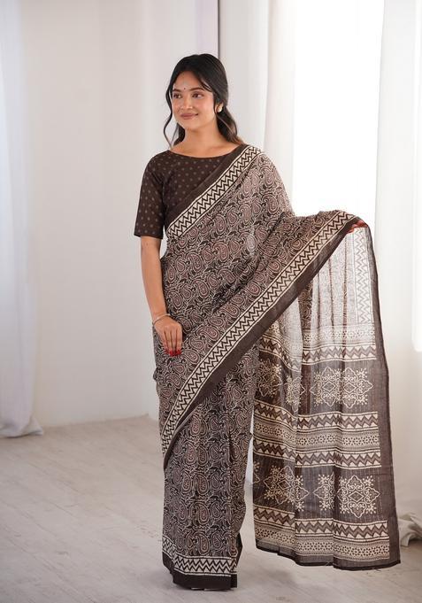 Brown Printed Cotton Saree