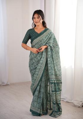 Mint Green Printed Cotton Saree