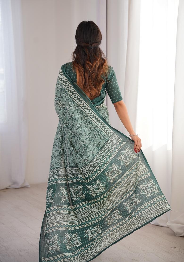 Mint Green Printed Cotton Saree - Indya