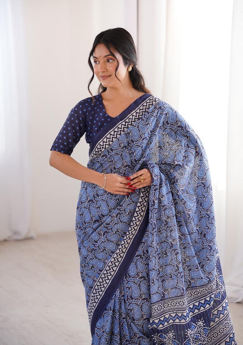 Indigo Blue Printed Cotton Saree - Indya