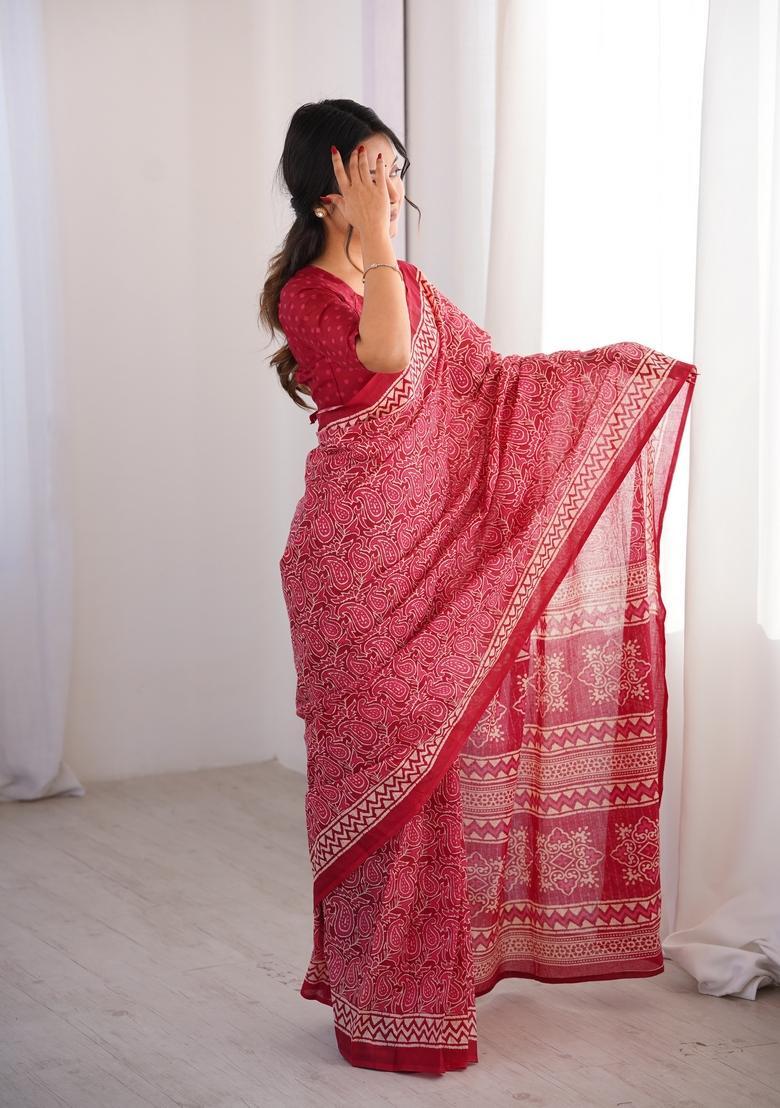 Pink Printed Cotton Saree - Indya