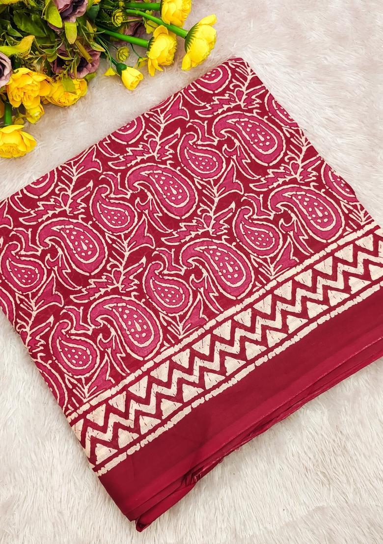 Pink Printed Cotton Saree - Indya