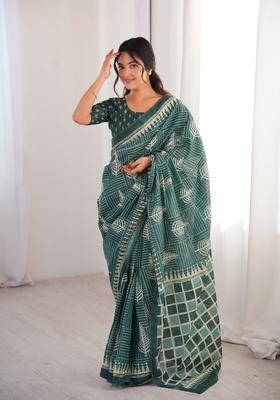 Green Printed Cotton Saree