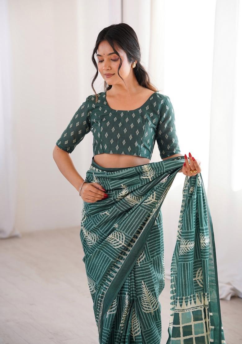 Green Printed Cotton Saree - Indya