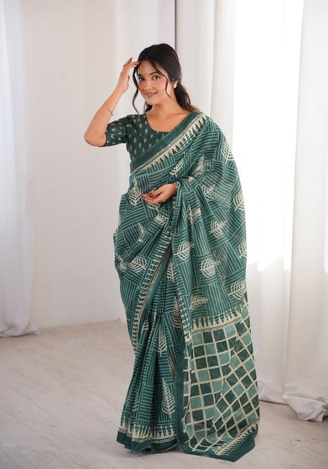 Green Printed Cotton Saree