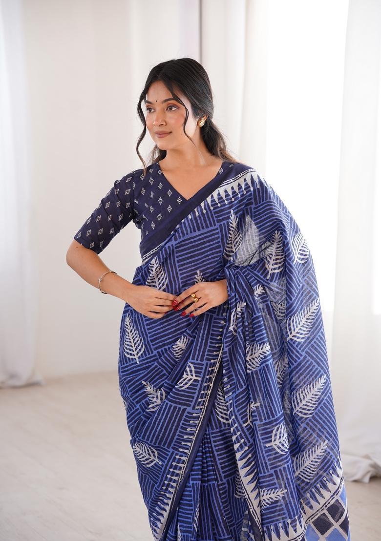 Indigo Blue Printed Cotton Saree - Indya