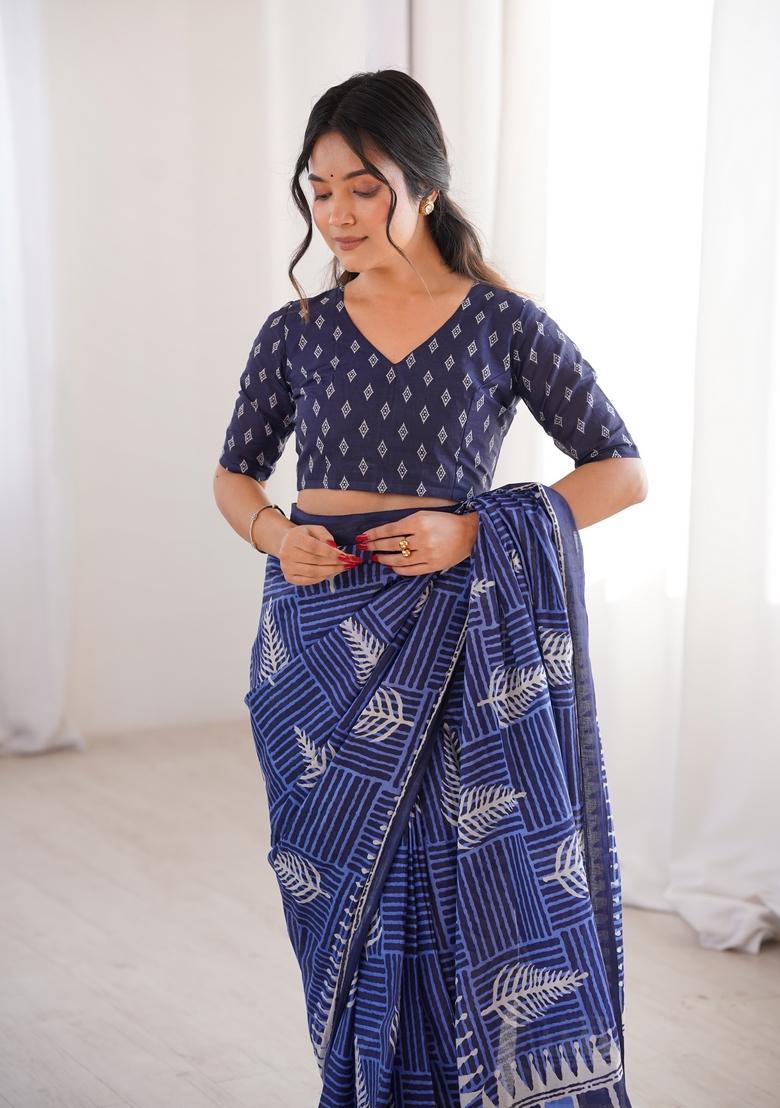Indigo Blue Printed Cotton Saree - Indya