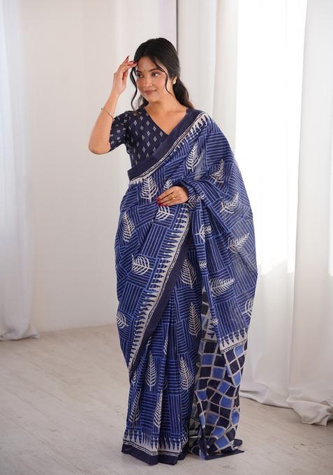 Indigo Blue Printed Cotton Saree