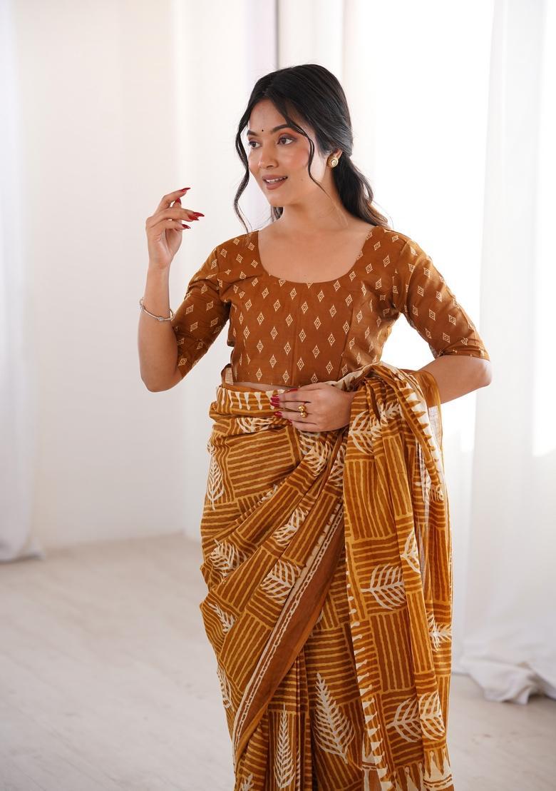 Mustard Printed Cotton Saree - Indya