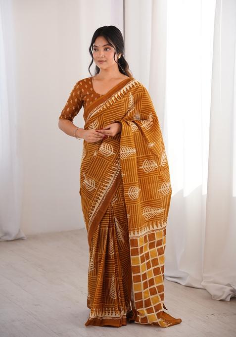 Mustard Printed Cotton Saree