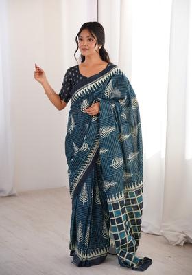 Indigo Rama Printed Cotton Saree