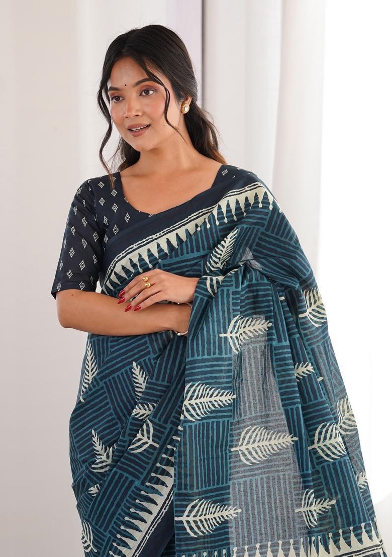 Indigo Rama Printed Cotton Saree - Indya