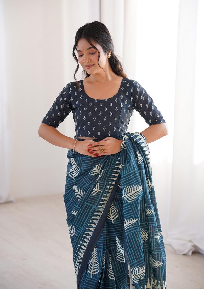 Indigo Rama Printed Cotton Saree - Indya