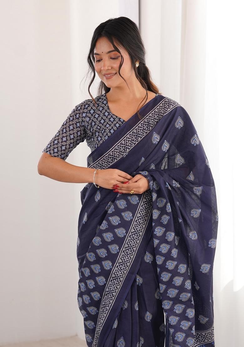 Indigo Printed Cotton Saree - Indya