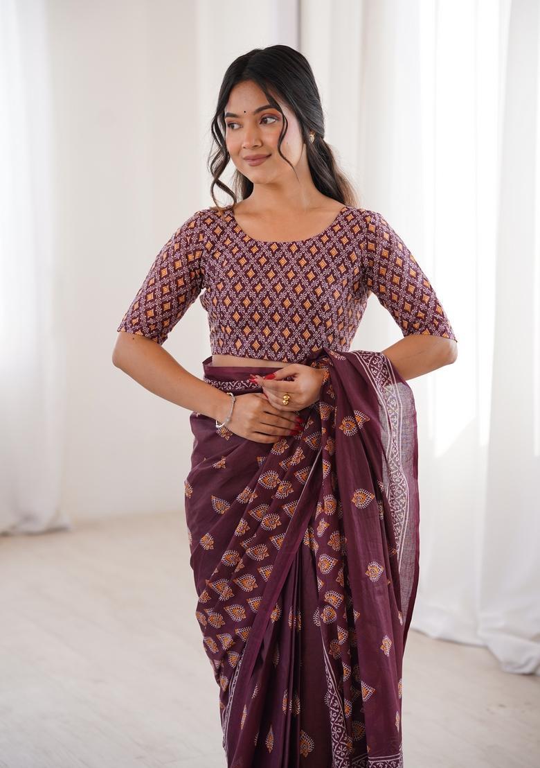 Maroon Printed Cotton Saree - Indya