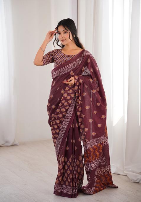 Maroon Printed Cotton Saree