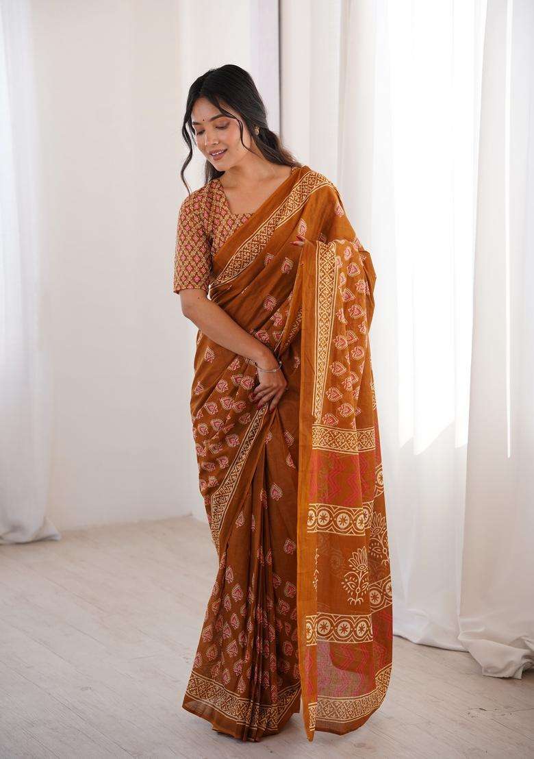 Mustard Printed Cotton Saree - Indya