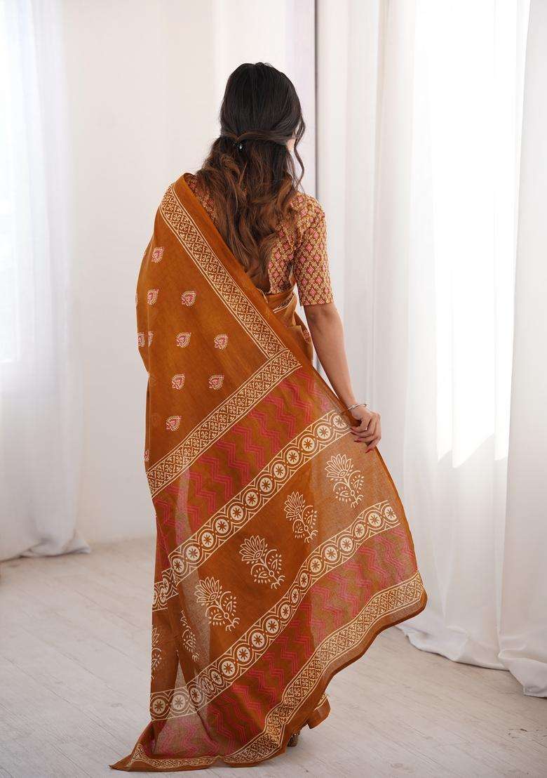 Mustard Printed Cotton Saree - Indya