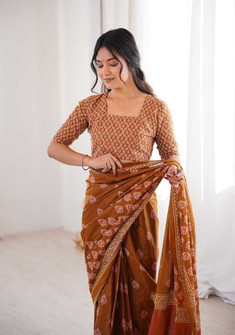 Mustard Printed Cotton Saree - Indya