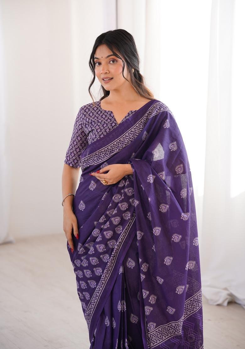 Purple Printed Cotton Saree - Indya