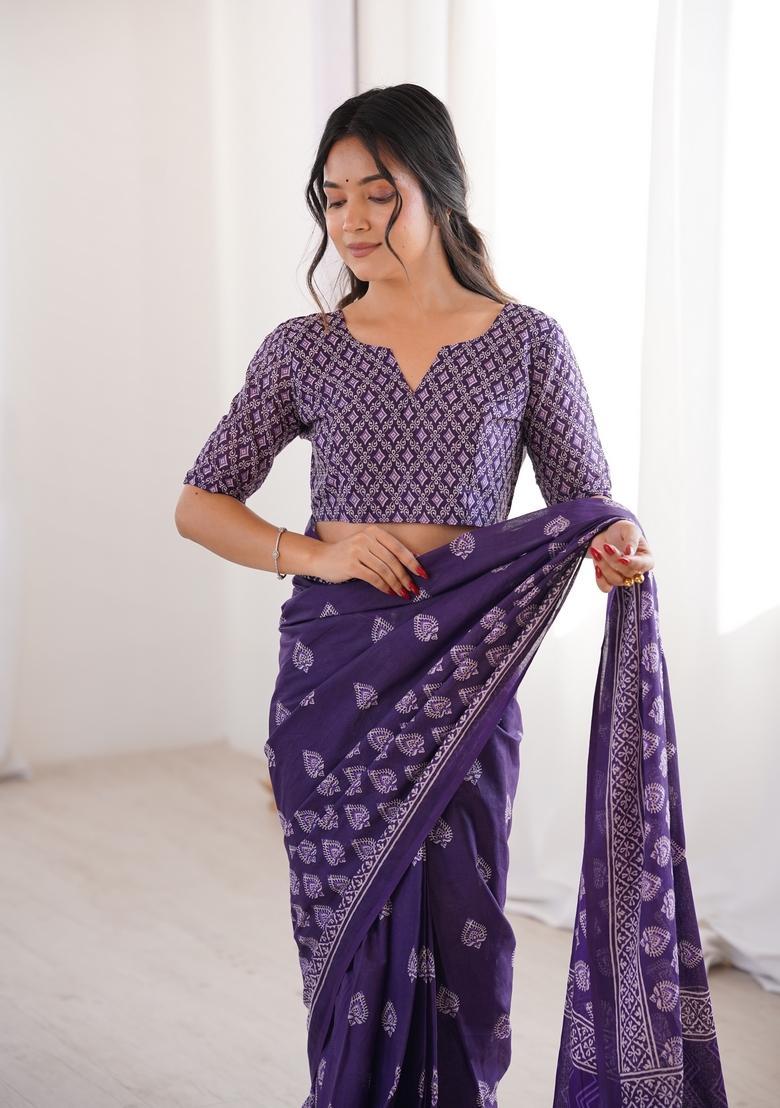 Purple Printed Cotton Saree - Indya