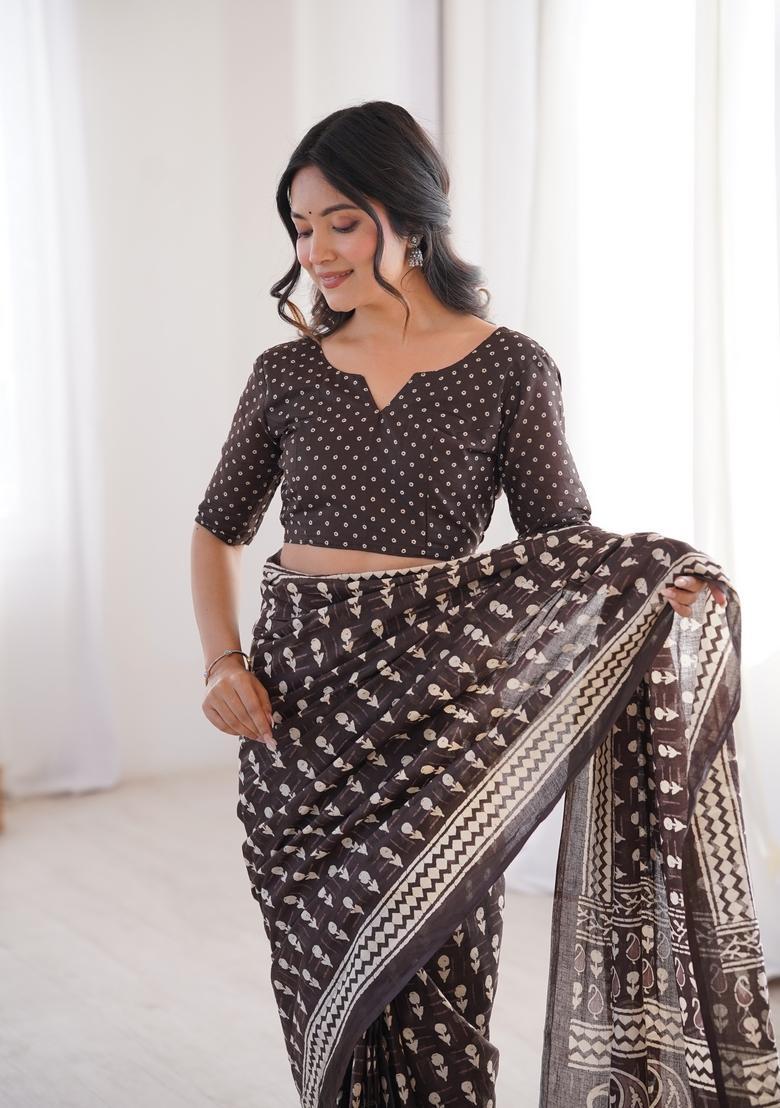 Brown Printed Cotton Saree - Indya