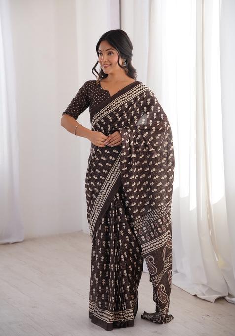 Brown Printed Cotton Saree