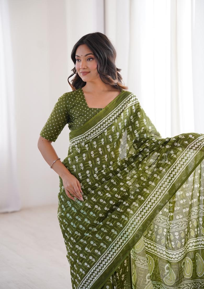 Green Printed Cotton Saree - Indya